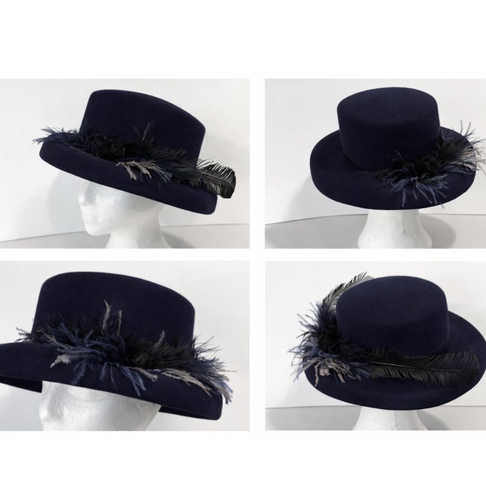 Georgette Wool Navy Feathered Women's Hat Derby 22 inside circumference